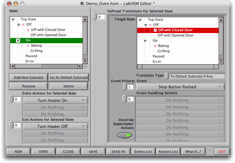Entry and exit actions are Turn Heater On/Off. STOP button moves to Off with Closed Door state.